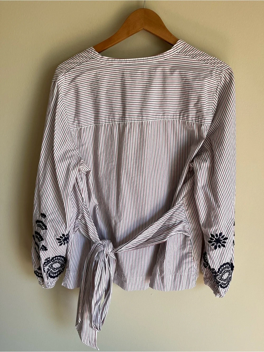 J. Crew Women's Stripe Long Sleeve Blouse with Embroidery on Sleeve Size Large